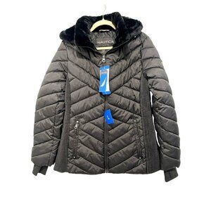 Nautica Black Quilted Water-Resistant Jacket Size Large Fur Hooded NWT